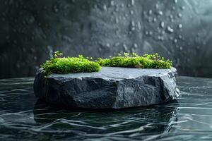 Black marble podium scene with green moss, geometric presentation platform mockup, stand to show cosmetic product showcase on pedestal display. Lights and shadows background, minimal presentation. photo