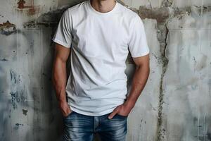 Young man wearing bella canvas white shirt mockup, at gray concrete, stone background. Design tshirt template, print presentation mock-up. photo