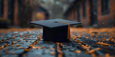 Graduation mortarboard cap on the ground, graduation ceremony concept. Congratulation the graduates in University, education background with copy space. photo