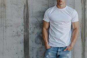 Young man wearing bella canvas white shirt mockup, at gray concrete, stone background. Design tshirt template, print presentation mock-up. photo