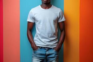 Young man wearing bella canvas white shirt mockup, at colorful background. Design tshirt template, print presentation mock-up. photo