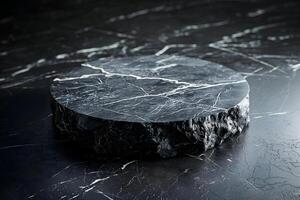 Black marble podium scene, geometric presentation platform mockup, stand to show cosmetic product showcase on pedestal display. Lights and shadows background, minimal presentation. photo