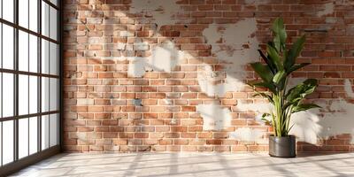 Empty room with lights and shadows from big window in loft style with copy space. Brick wall mockup background with wooden floor and home plants. photo
