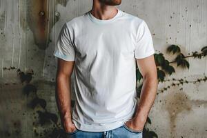 Young man wearing bella canvas white shirt mockup, at gray concrete, stone background. Design tshirt template, print presentation mock-up. photo