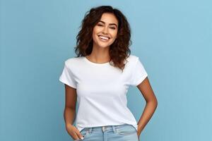 Young woman wearing bella canvas white shirt mockup, at blue background. Design tshirt template, print presentation mock-up. . photo