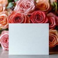 Empty white card mockup against the background of flowers, romantic mood photo
