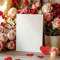 Empty white card mockup against the background of flowers, romantic mood photo