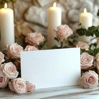 Empty white card mockup against the background of flowers, romantic mood photo