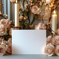 Empty white card mockup against the background of flowers, romantic mood photo