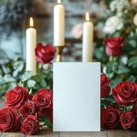 Empty white card mockup against the background of flowers, romantic mood photo