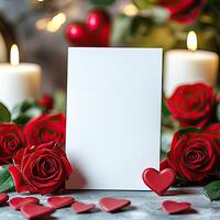 Empty white card mockup against the background of flowers, romantic mood photo