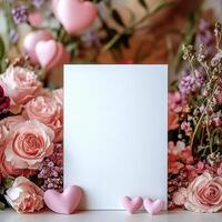 Empty white card mockup against the background of flowers, romantic mood photo