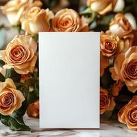 Empty white card mockup against the background of flowers, romantic mood photo