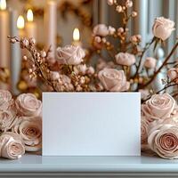 Empty white card mockup against the background of flowers, romantic mood photo