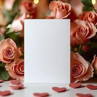 Empty white card mockup against the background of flowers, romantic mood photo