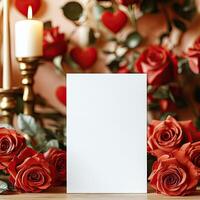 Empty white card mockup against the background of flowers, romantic mood photo