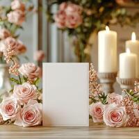 Empty white card mockup against the background of flowers, romantic mood photo