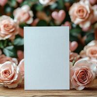 Empty white card mockup against the background of flowers, romantic mood photo