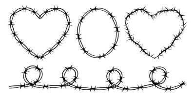 Thorn stem border vine plant with spikes simple heart and ovak frame y2k creepy branch. Barbed wire tattoo. Boundary frame. vector