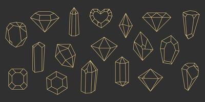 Crystal gemstone celestial gold thin line polygon stone, magic contour gem, polyhedron. Elegant outline geometric quartz, jewel. Mineral linear icon. vector