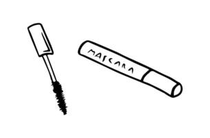 Doodle mascara, Cosmetics and make up icons. Hand drawn fashion sketch items for shop. Long eyelashes vector