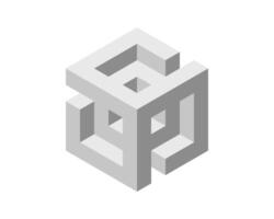 Cube logo, geometric design. Box logotype company, trendy tech emblem in pixel style. vector
