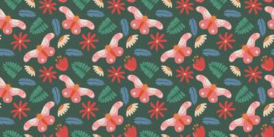 Charming Seamless Butterfly and Floral Pattern with Hand-Drawn Botanical Motifs in Soft Colors on Green Background Ideal for Textiles, Stationery, and Digital Artwork vector