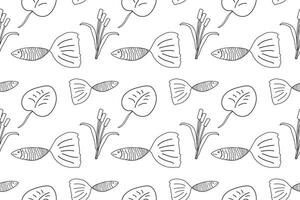 Simple black and white seamless pattern featuring guppy fish, reeds, and water lilies. Perfect for coloring projects. vector