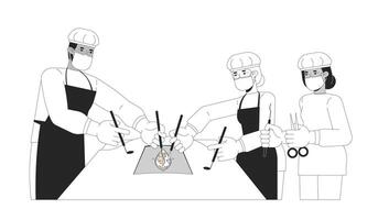 Surgical team in scrubs performing operation black and white 2D line characters. Diverse surgeons working together with scalpels isolated outline people. Monochromatic spot illustration vector