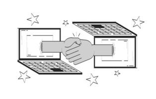 Virtual handshake connecting two laptops doodle line illustration concept. Agreement digital. Two hands shaking through notebooks screens 2D outline composition isolated. Hand drawn drawing monochrome vector