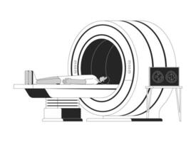 Indian male patient undergoing MRI scan black and white 2D line character. Man lying on scanner bed during diagnostic procedure isolated outline person. Monochromatic spot illustration vector