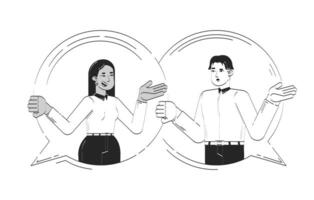 Dialogue between diverse colleagues in speech bubbles doodle line illustration concept. Mentoring talk. Coworkers engaging conversation 2D outline characters isolated. Hand drawn drawing monochrome vector