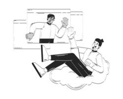Virtual conversation with relaxed teleworker doodle line illustration concept. Remote collaboration. Web meeting. Diverse coworkers waving 2D outline characters isolated. Hand drawn drawing monochrome vector