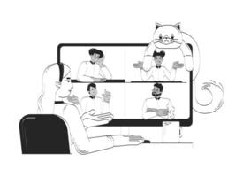 Virtual meeting with lazy cat and coffee doodle line illustration concept. Remote job. call. Teleworker woman working from home 2D outline characters isolated. Hand drawn drawing monochrome vector