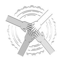 Diverse hands in unity circle doodle line illustration concept. Cultural diversity. Team arms placed together in circular formation 2D outline composition isolated. Hand drawn drawing monochrome vector