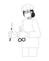 Indian female surgeon in scrubs holding surgical tools black and white 2D line character. Healthcare worker with medical instruments isolated outline person. Monochromatic spot illustration vector