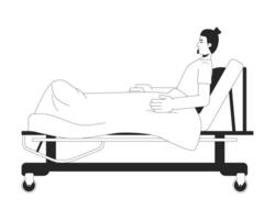 Man patient reclining on hospital bed with blanket black and white 2D line character. Hospitalization. Bedridden guy recovery in sickbed isolated outline person. Monochromatic spot illustration vector