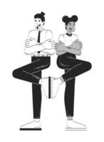 Confident diverse partners standing back to back doodle lineart illustration. Work besties. Businesspeople arms crossed 2D line ink characters isolated on white. Monochrome outline hand-drawn vector