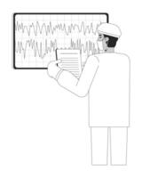 Doctor in scrubs analyzing brainwave data on monitor black and white 2D line character. Medical diagnostics. Neurologist indian man isolated outline person. Monochromatic spot illustration vector