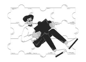 Employee playing individual role in completing puzzle doodle line illustration concept. Team member contributes in achieving unified whole 2D outline character isolated. Hand drawn drawing monochrome vector