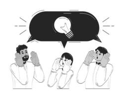 Multicultural team amazed by bright idea doodle line illustration concept. Light bulb speech bubble. Brainstorming office workers 2D outline characters isolated. Hand drawn drawing monochrome vector