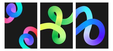 Set of flier with Colorful Wavy Swirl Ribbons. Background with gradient curve line. Vertical poster with acid wavy stroke vector