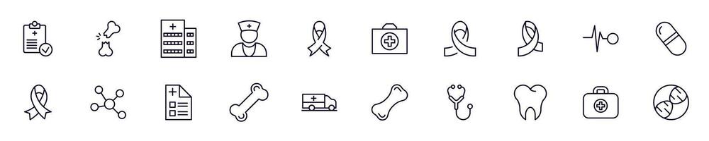 Medicine and healthcare linear symbols bundle. Collection for web sites, newspapers, apps, infographics vector