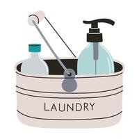 illustration of laundry basket with detergent and conditioner bottles in simple flat cartoon style. Doodle container for home care, cleanliness, and household concepts vector
