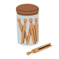 Wooden clothespins in jar illustration in flat cartoon style. Minimalist eco friendly laundry accessory for sustainable and zero waste themes. Practical and reusable home decor element vector