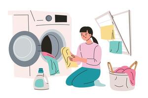 illustration of woman doing laundry, with washing machine, drying rack, and laundry basket, utility room or laundromat. Simple and colorful flat character, detergent doodle in cartoon style vector