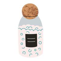 illustration of cartoon bottle with bubbles and cork lid. Laundry product container. Modern flat design, ideal for bath, hygiene, and skincare themes. Minimalist and trendy storage organizing vector