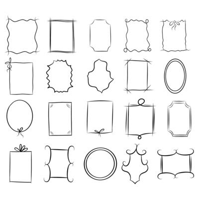 Hand drawn frames. Vintage doodle sketch picture frame. Hand Drawn Frames Collection on White background, round, vertical and square frames