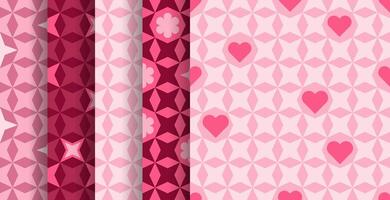 Abstract Pink Seamless patterns set with abstract shapes hearts flowers, geometric style collection. Cute pastel print for scrap design.Scrapbook background, textile, wrapping, wallpaper design. vector