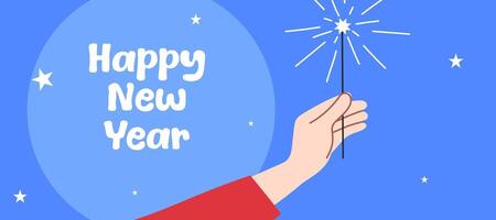 Happy New Year greeting with hand holding fireworks illustration template for banner and card vector